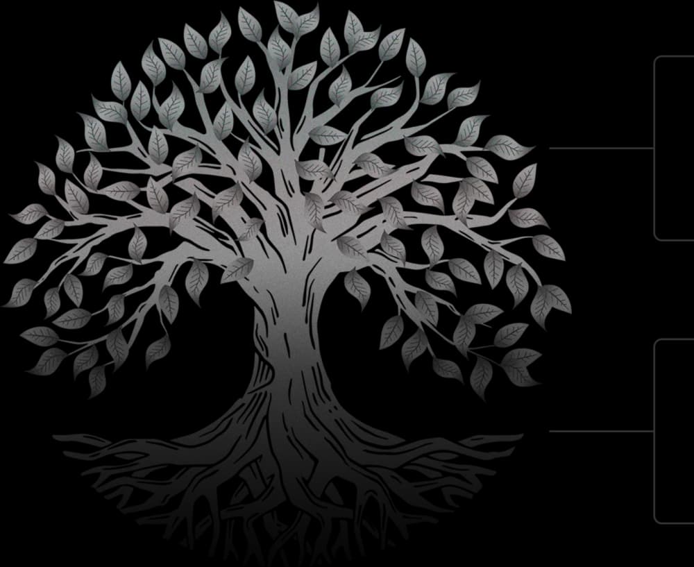 Ilustração de uma árvore: a copa representa a comunicação visível da marca; as raízes, a atitude que a sustenta